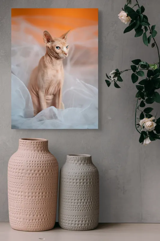 Tablou Canvas, "Prințul regal fără blană în voaluri", Pisică, Fără Blană, Ochi Albaştri, Urechi Ascuţite, Fundal Portocaliu, Textură Delicată, Poziţie Dignă, Privire Intensă, 39 x 54 cm – poza 6