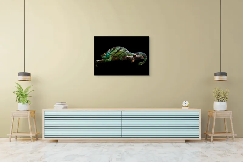 Tablou Canvas, "Cameleonul pe creanga noaptea", Cameleon, Lemn, Negru, Lumină, Culori, Textură, Natură, Artă, Contrast, Detaliu, 100 x 70 cm – poza 4