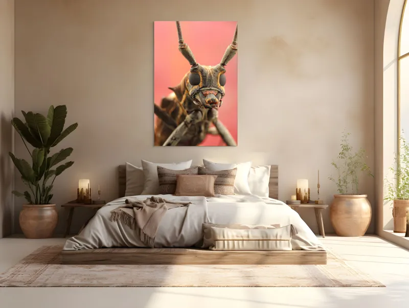 Tablou Canvas, "Gărgăriță pe fundal roșu vibrant", Antene, Ochi, Textură, Detalii, Fundal, Colorat, Insectă, Prim-plan, 100 x 150 cm – poza 3