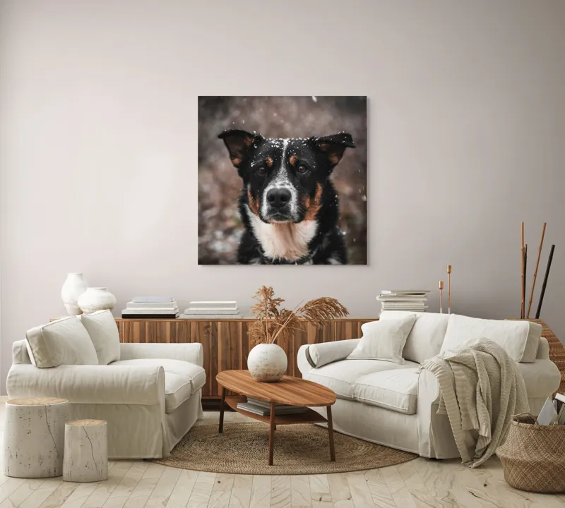 Tablou Canvas, "Câine în zăpadă privire serioasă", Câine, Negru, Alb, Zăpadă, Privire, Urechi, Blană, Iarnă, Curiozitate, Natură, 100 x 100 cm – poza 3