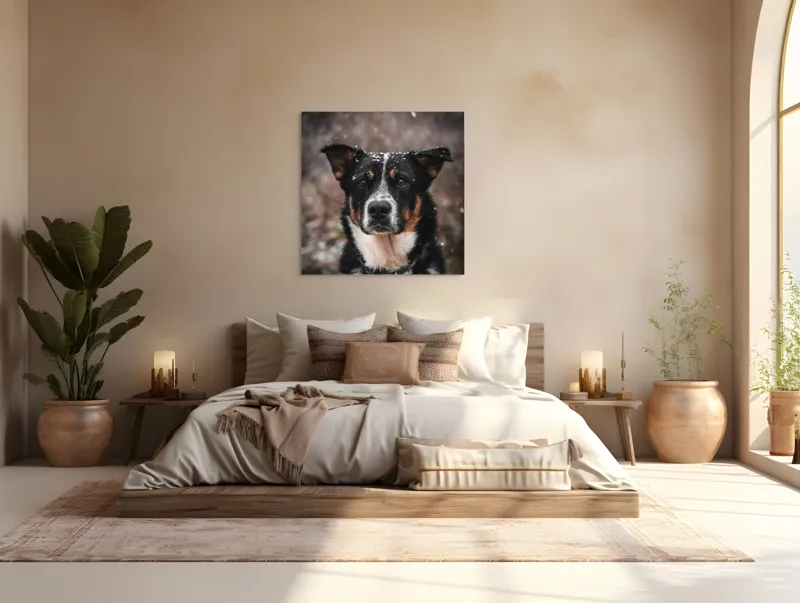Tablou Canvas, "Câine în zăpadă privire serioasă", Câine, Negru, Alb, Zăpadă, Privire, Urechi, Blană, Iarnă, Curiozitate, Natură, 100 x 100 cm – poza 4