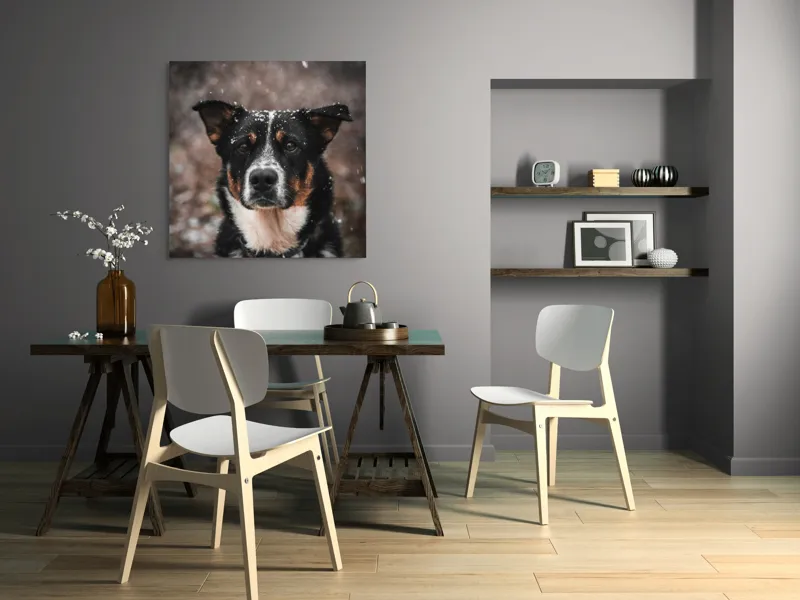 Tablou Canvas, "Câine în zăpadă privire serioasă", Câine, Negru, Alb, Zăpadă, Privire, Urechi, Blană, Iarnă, Curiozitate, Natură, 100 x 100 cm – poza 6