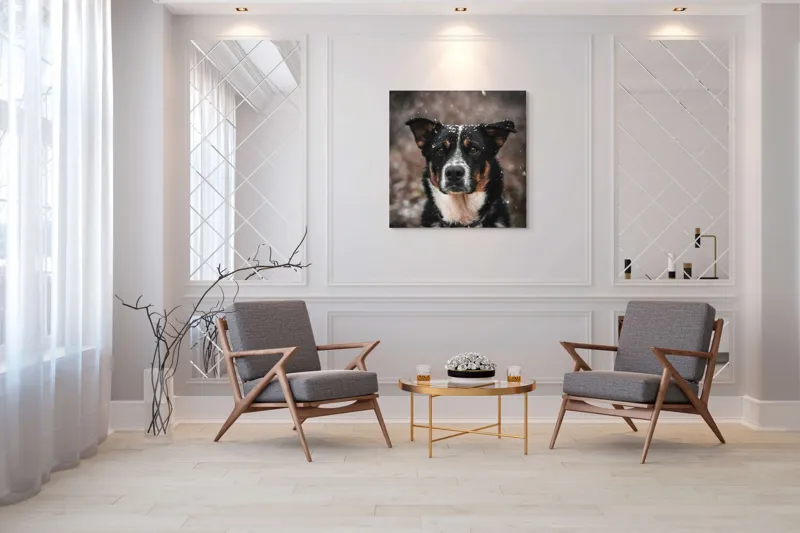 Tablou Canvas, "Câine în zăpadă privire serioasă", Câine, Negru, Alb, Zăpadă, Privire, Urechi, Blană, Iarnă, Curiozitate, Natură, 100 x 100 cm – poza 7