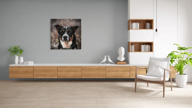 Tablou Canvas, "Câine în zăpadă privire serioasă", Câine, Negru, Alb, Zăpadă, Privire, Urechi, Blană, Iarnă, Curiozitate, Natură, 100 x 100 cm – poza 8