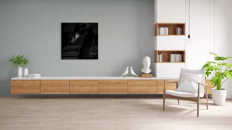 Tablou Canvas, "Eleganța lebedei negre în noapte", Negru, Lebădă, Reflecție, Apă, Umbre, Eleganță, Lumină, Siluetă, 100 x 100 cm – poza 8