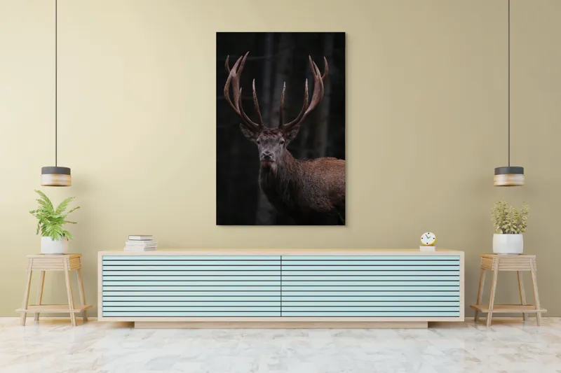 Tablou Canvas, "Stăpânul pădurii întunecate veghează", Majestic, Stag, Antlers, Forest, Noble, Wild, Serene, Powerful, 100 x 150 cm – poza 4