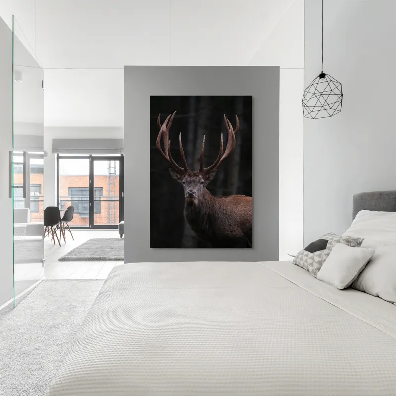 Tablou Canvas, "Stăpânul pădurii întunecate veghează", Majestic, Stag, Antlers, Forest, Noble, Wild, Serene, Powerful, 100 x 150 cm – poza 5