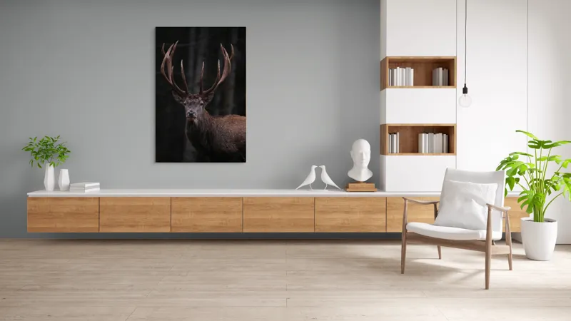 Tablou Canvas, "Stăpânul pădurii întunecate veghează", Majestic, Stag, Antlers, Forest, Noble, Wild, Serene, Powerful, 100 x 150 cm – poza 8