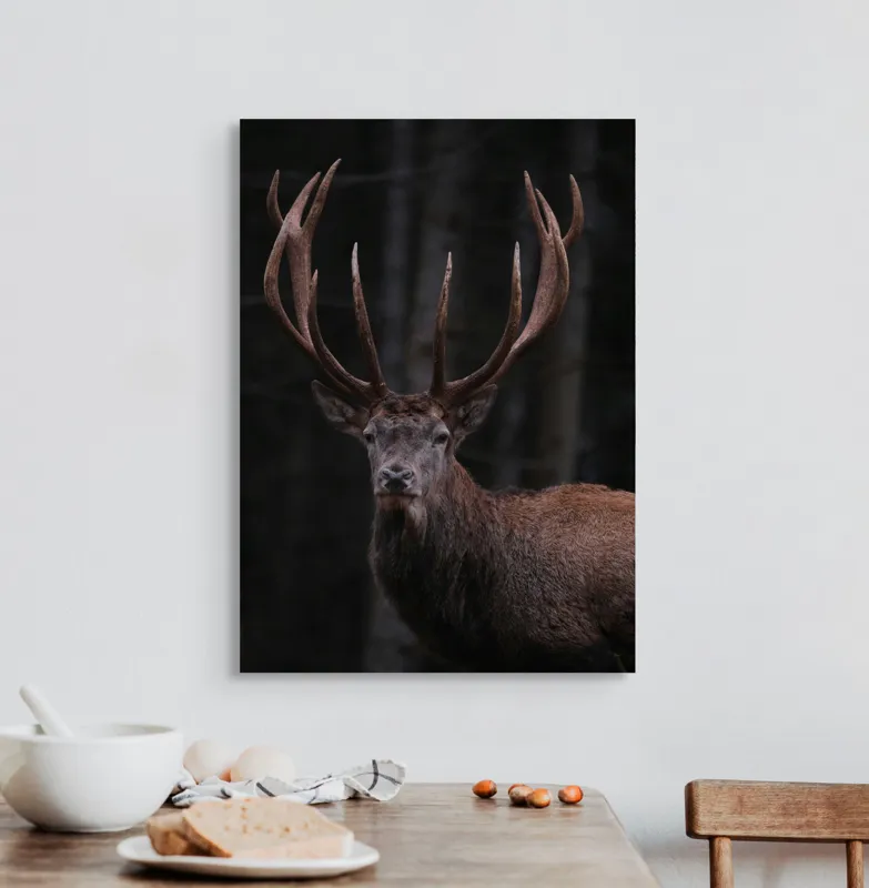 Tablou Canvas, "Stăpânul pădurii întunecate veghează", Majestic, Stag, Antlers, Forest, Noble, Wild, Serene, Powerful, 50 x 70 cm – poza 3