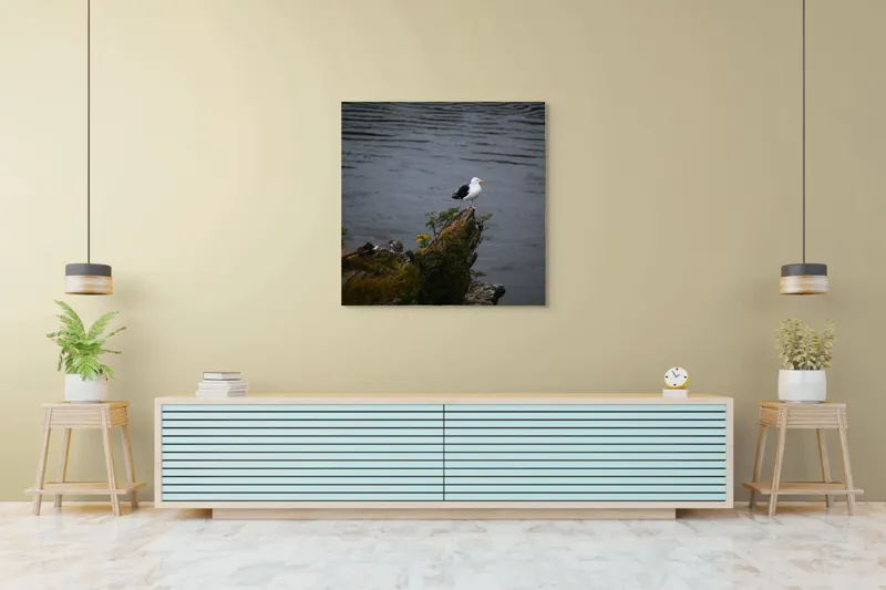 Tablou Canvas, "Pescăruș singuratic pe stânca solitară", Pescăruș, Stâncă, Apă, Vegetație, Solitudine, Natură, Seninătate, Reflecție., 100 x 100 cm – poza 5