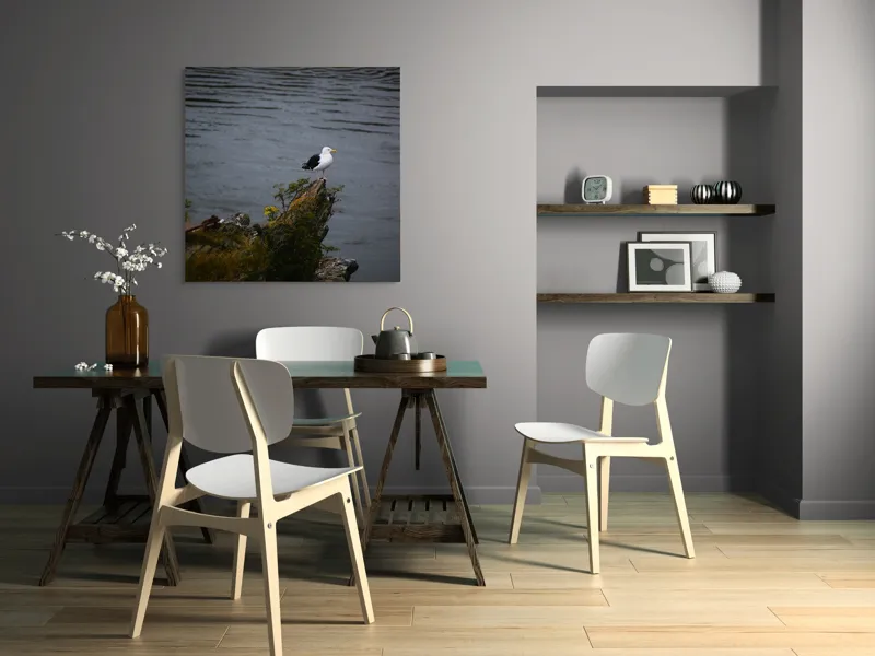 Tablou Canvas, "Pescăruș singuratic pe stânca solitară", Pescăruș, Stâncă, Apă, Vegetație, Solitudine, Natură, Seninătate, Reflecție., 100 x 100 cm – poza 6
