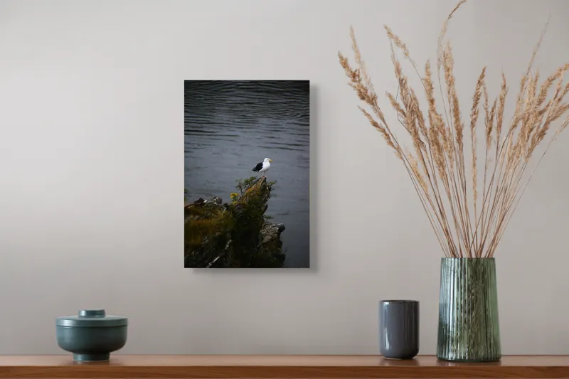 Tablou Canvas, "Pescăruș singuratic pe stânca solitară", Pescăruș, Stâncă, Apă, Vegetație, Solitudine, Natură, Seninătate, Reflecție., 26 x 39 cm – poza 5