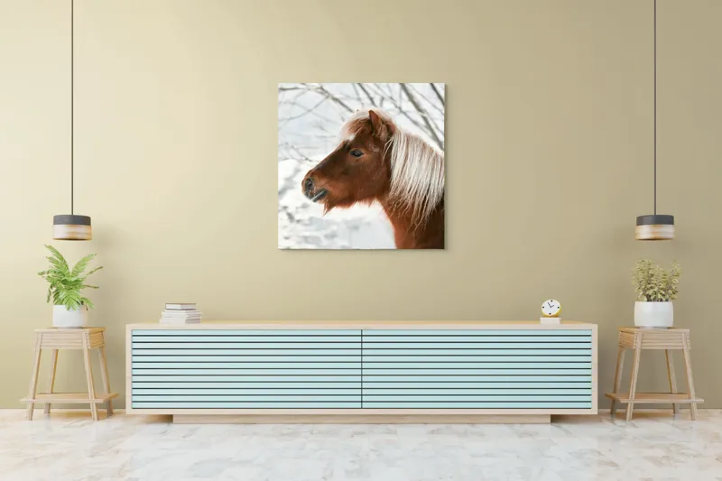 Tablou Canvas, "Ponei visând la iarnă albă", Cal, Zăpadă, Copac, Iarnă, Coamă, Blană, Natură, Frig, Peisaj, Tandrețe, 100 x 100 cm – poza 5