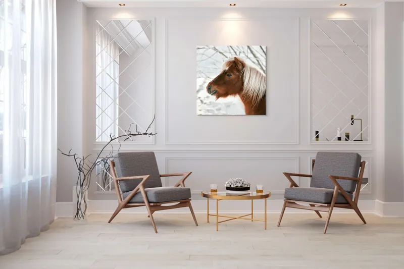 Tablou Canvas, "Ponei visând la iarnă albă", Cal, Zăpadă, Copac, Iarnă, Coamă, Blană, Natură, Frig, Peisaj, Tandrețe, 100 x 100 cm – poza 7
