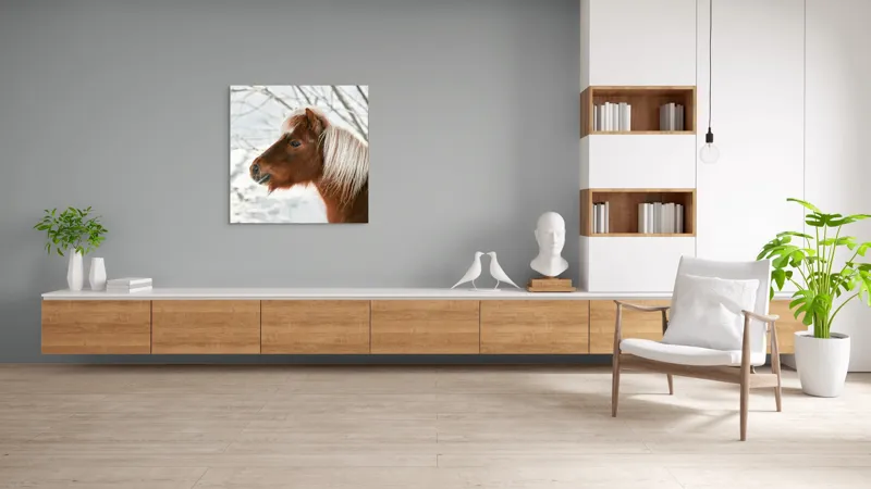Tablou Canvas, "Ponei visând la iarnă albă", Cal, Zăpadă, Copac, Iarnă, Coamă, Blană, Natură, Frig, Peisaj, Tandrețe, 100 x 100 cm – poza 8