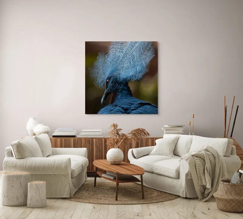 Tablou Canvas, "Frumusețea penajului regal al porumbelului", Pene, Splendoare, Eleganță, Albastru, Regalitate, Detaliu, Mister, Delicatete, 100 x 100 cm – poza 3