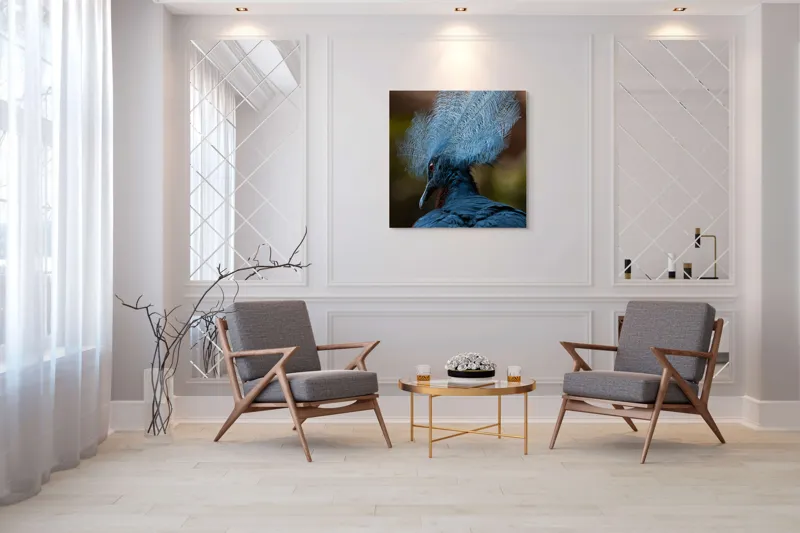 Tablou Canvas, "Frumusețea penajului regal al porumbelului", Pene, Splendoare, Eleganță, Albastru, Regalitate, Detaliu, Mister, Delicatete, 100 x 100 cm – poza 7
