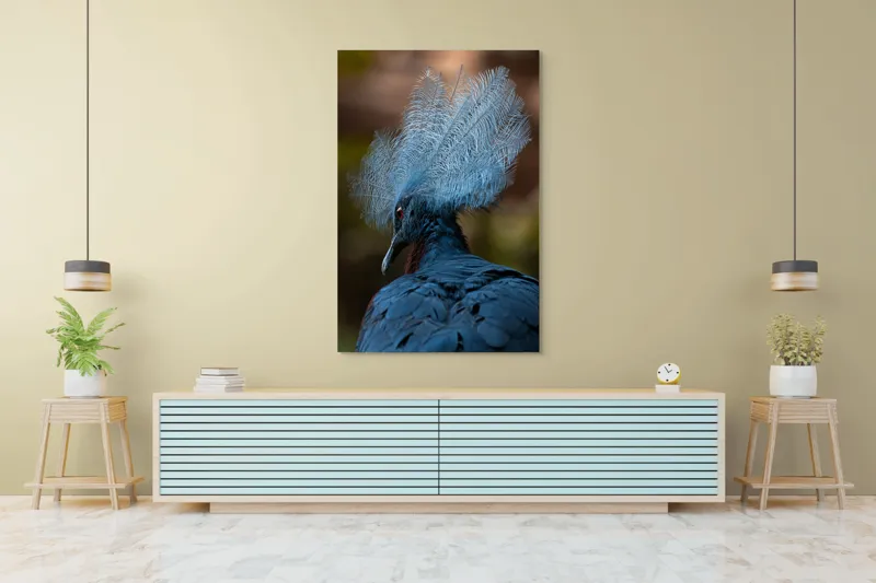 Tablou Canvas, "Frumusețea penajului regal al porumbelului", Pene, Splendoare, Eleganță, Albastru, Regalitate, Detaliu, Mister, Delicatete, 100 x 150 cm – poza 4