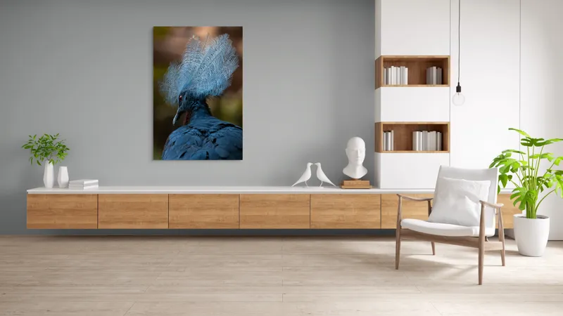 Tablou Canvas, "Frumusețea penajului regal al porumbelului", Pene, Splendoare, Eleganță, Albastru, Regalitate, Detaliu, Mister, Delicatete, 100 x 150 cm – poza 8