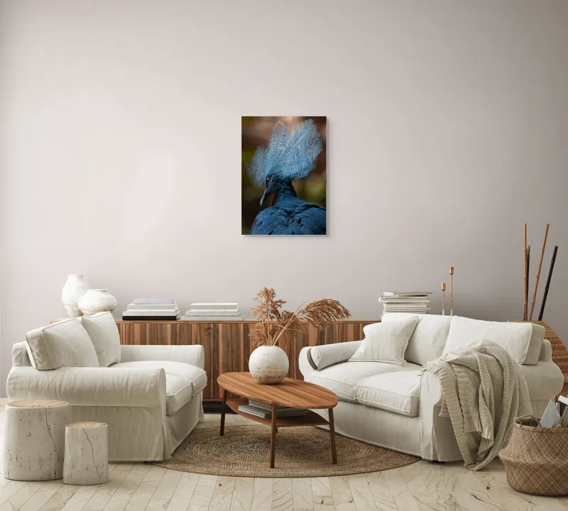 Tablou Canvas, "Frumusețea penajului regal al porumbelului", Pene, Splendoare, Eleganță, Albastru, Regalitate, Detaliu, Mister, Delicatete, 50 x 70 cm – poza 4