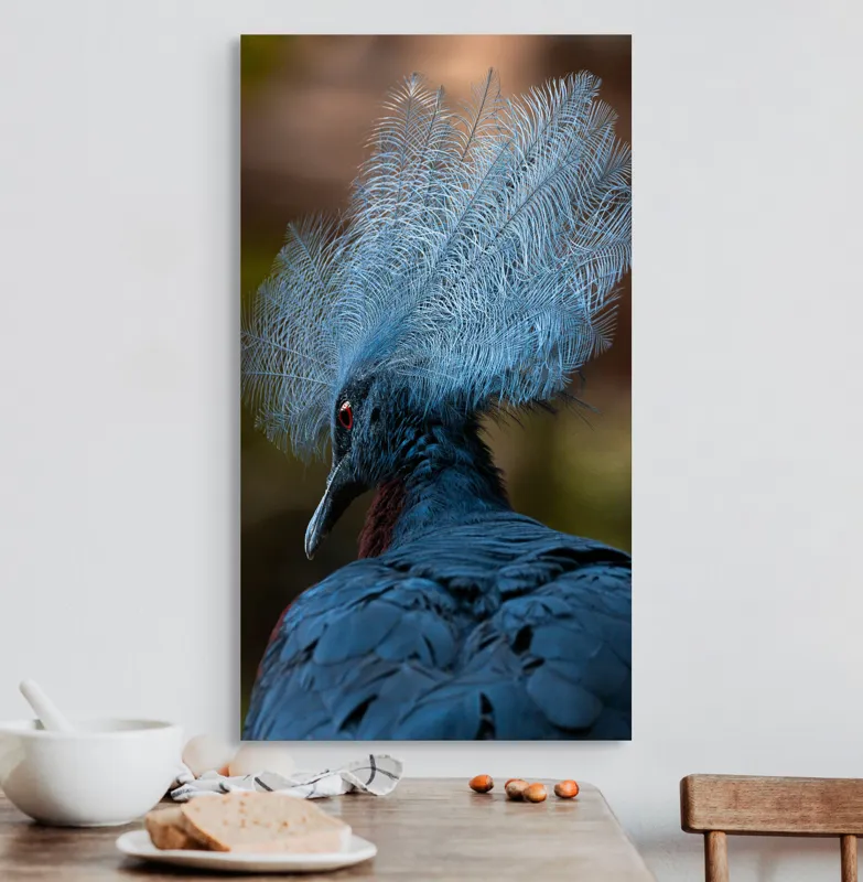 Tablou Canvas, "Frumusețea penajului regal al porumbelului", Pene, Splendoare, Eleganță, Albastru, Regalitate, Detaliu, Mister, Delicatete, 50 x 90 cm – poza 3