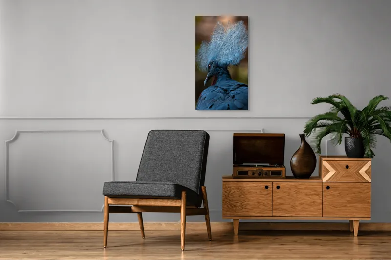 Tablou Canvas, "Frumusețea penajului regal al porumbelului", Pene, Splendoare, Eleganță, Albastru, Regalitate, Detaliu, Mister, Delicatete, 50 x 90 cm – poza 8