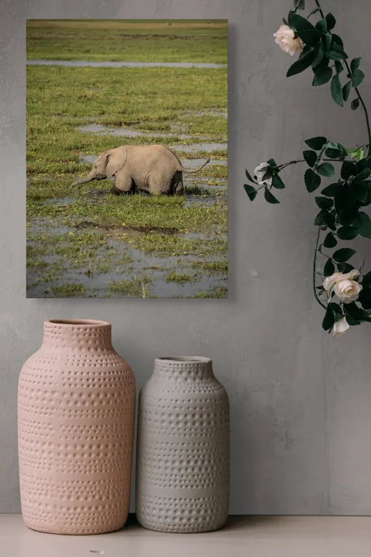 Tablou Canvas, "Elefănțel în mijlocul savanei verzi", Elefant, Iarbă, Apă, Natură, Câmpie, Sălbăticie, Trunchi, Pui, Verde, Peisaj, 39 x 54 cm – poza 6