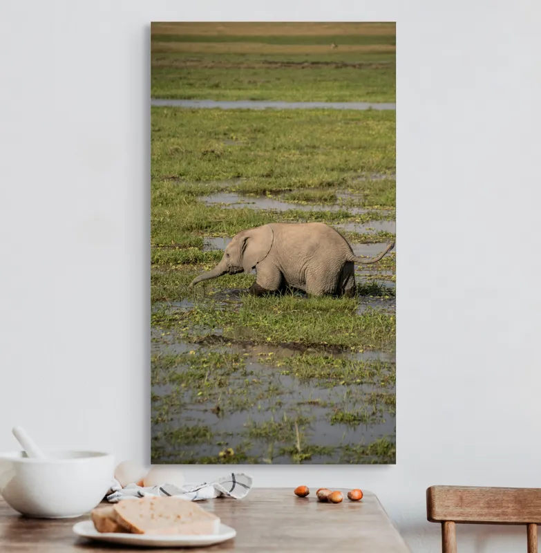Tablou Canvas, "Elefănțel în mijlocul savanei verzi", Elefant, Iarbă, Apă, Natură, Câmpie, Sălbăticie, Trunchi, Pui, Verde, Peisaj, 50 x 90 cm – poza 3