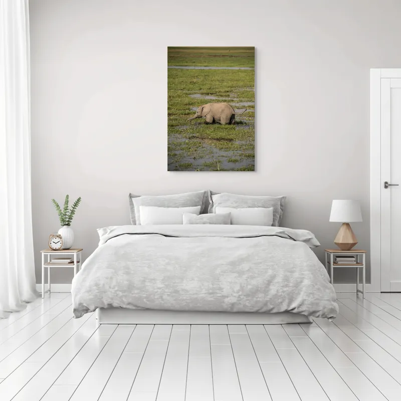 Tablou Canvas, "Elefănțel în mijlocul savanei verzi", Elefant, Iarbă, Apă, Natură, Câmpie, Sălbăticie, Trunchi, Pui, Verde, Peisaj, 70 x 100 cm – poza 3