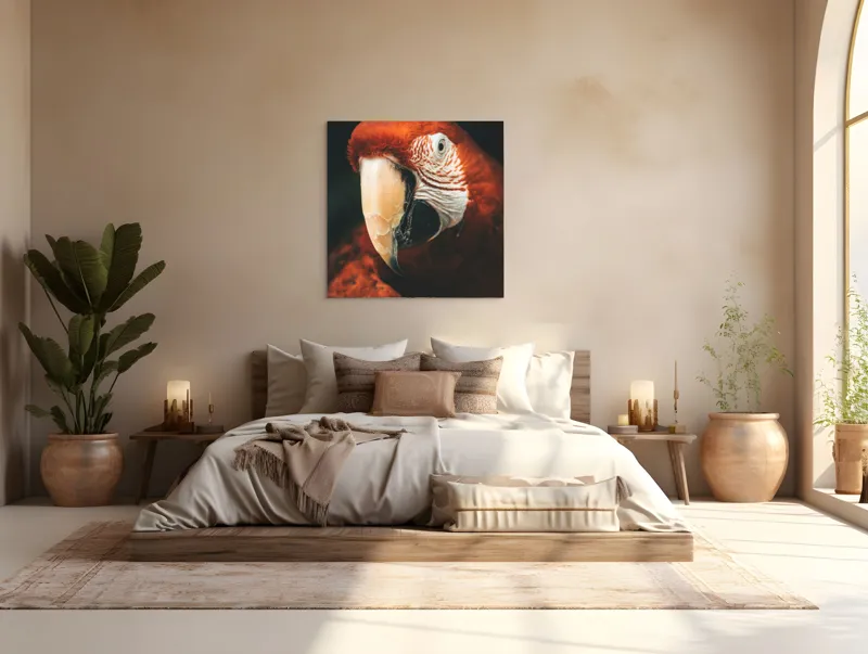 Tablou Canvas, "Papagal roșu în detaliu vivant", Roșu, Papagal, Penaj, Privire, Exotic, Detalii, Contrast, Contrast, Frumusețe, Natură, 100 x 100 cm – poza 4