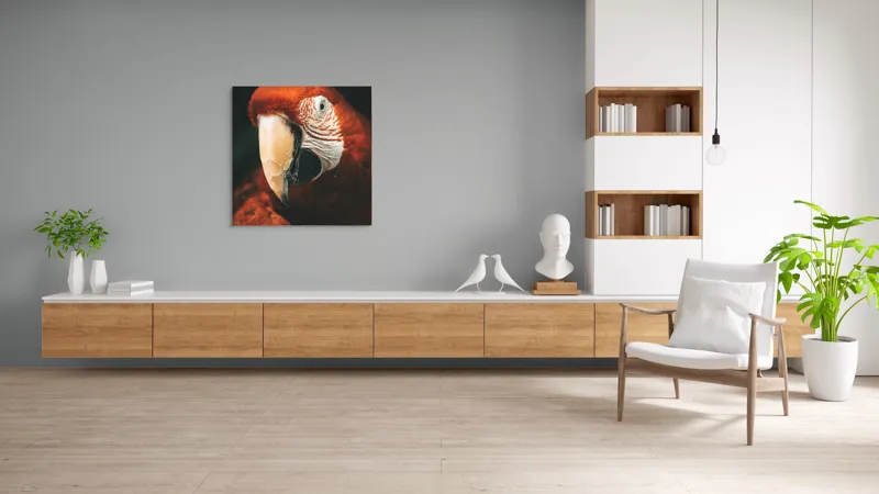 Tablou Canvas, "Papagal roșu în detaliu vivant", Roșu, Papagal, Penaj, Privire, Exotic, Detalii, Contrast, Contrast, Frumusețe, Natură, 100 x 100 cm – poza 8