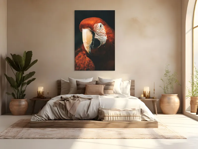 Tablou Canvas, "Papagal roșu în detaliu vivant", Roșu, Papagal, Penaj, Privire, Exotic, Detalii, Contrast, Contrast, Frumusețe, Natură, 100 x 150 cm – poza 3