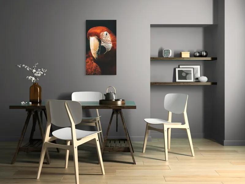 Tablou Canvas, "Papagal roșu în detaliu vivant", Roșu, Papagal, Penaj, Privire, Exotic, Detalii, Contrast, Contrast, Frumusețe, Natură, 50 x 90 cm – poza 4