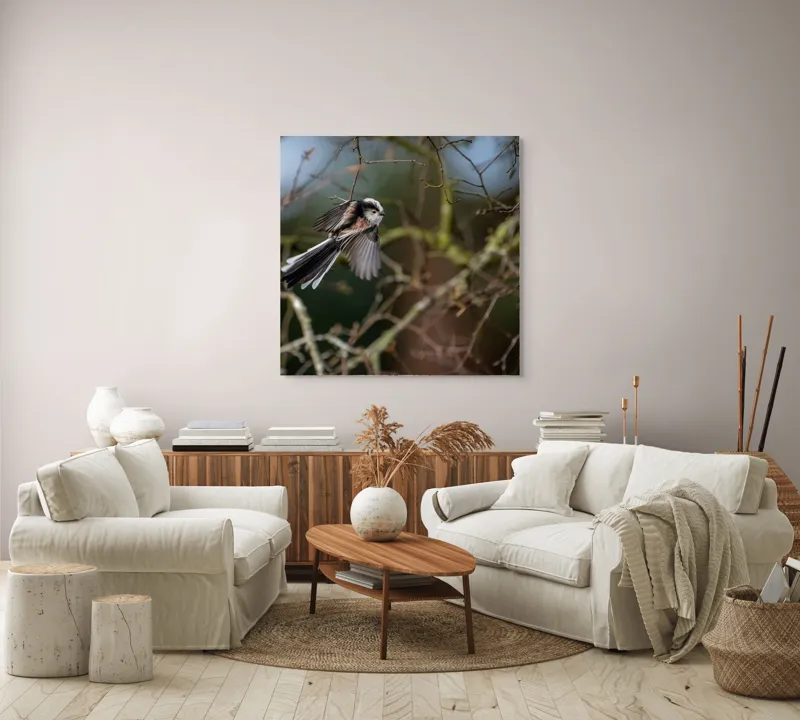 Tablou Canvas, "Zbor de primăvară printre crengi", Pasăre, Aripi, Ramuri, Cer, Zbor, Natură, Mișcare, Penaj, Frunze, Primăvară, 100 x 100 cm – poza 3