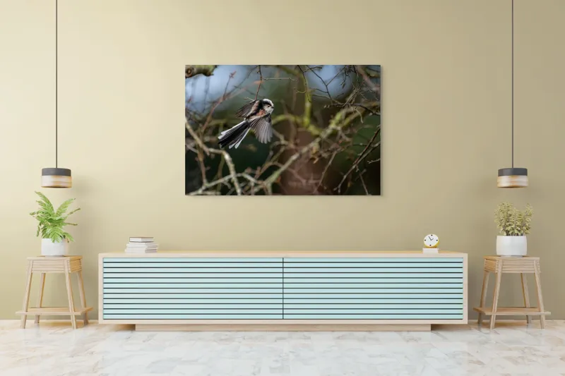 Tablou Canvas, "Zbor de primăvară printre crengi", Pasăre, Aripi, Ramuri, Cer, Zbor, Natură, Mișcare, Penaj, Frunze, Primăvară, 150 x 100 cm – poza 6