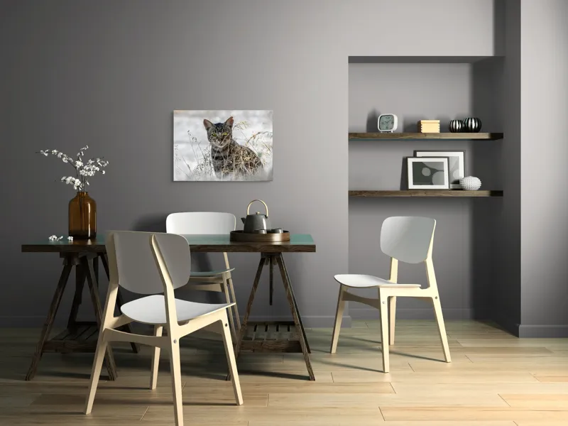 Tablou Canvas, "Pisica sălbatică în iarba uscată", Pisică, Privire, Iarbă, Tufișuri, Blană, Verde, Ochi, Natură, Tranquilitate, Feline., 70 x 50 cm – poza 5
