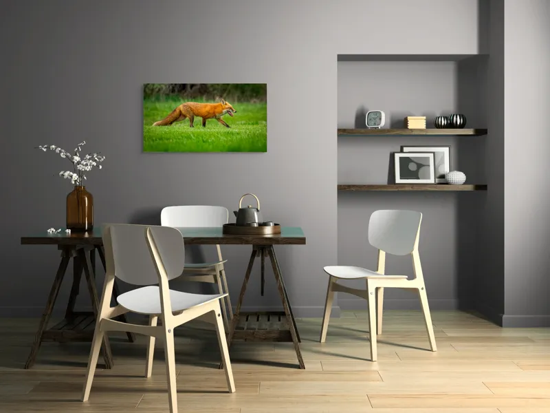 Tablou Canvas, "Vulpea în căutarea prăzii verzii", Vulpe, Roșcată, Pajiște, Verdiș, Alertă, Natură, Peisaj, 90 x 50 cm – poza 3