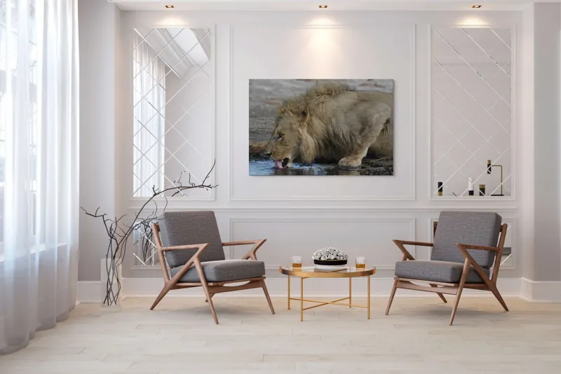 Tablou Canvas, "Leul bând apă la răsărit", Leu, Apă, Lins, Blană, Natură, Sălbăticie, Forță, Majestuos., 150 x 100 cm – poza 7