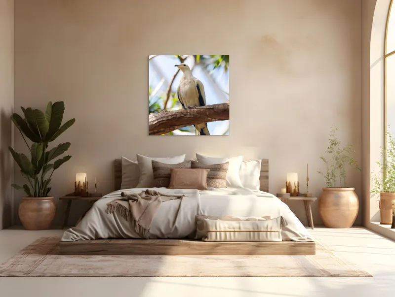 Tablou Canvas, "Porumbel alb pe creangă înverzită", Pasăre, Alb, Creangă, Ochi Negru, Frunze Verzi, Aripă, Cer, Lumină, 100 x 100 cm – poza 4