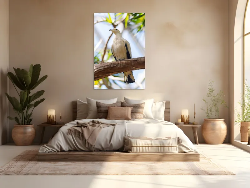 Tablou Canvas, "Porumbel alb pe creangă înverzită", Pasăre, Alb, Creangă, Ochi Negru, Frunze Verzi, Aripă, Cer, Lumină, 100 x 150 cm – poza 3