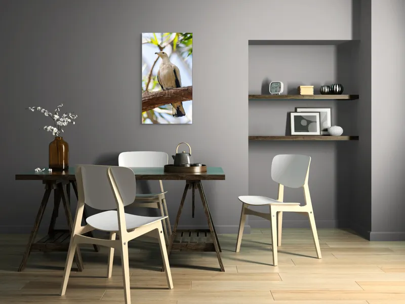 Tablou Canvas, "Porumbel alb pe creangă înverzită", Pasăre, Alb, Creangă, Ochi Negru, Frunze Verzi, Aripă, Cer, Lumină, 50 x 90 cm – poza 4