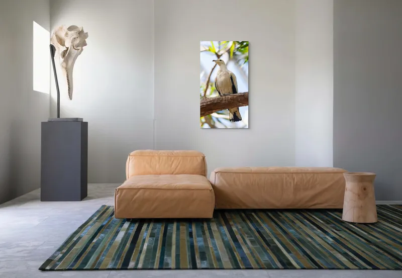 Tablou Canvas, "Porumbel alb pe creangă înverzită", Pasăre, Alb, Creangă, Ochi Negru, Frunze Verzi, Aripă, Cer, Lumină, 50 x 90 cm – poza 5