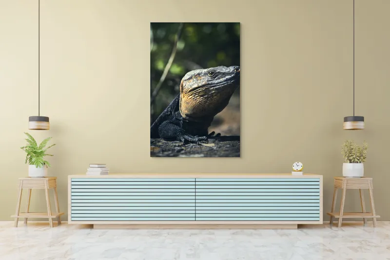 Tablou Canvas, "Vânătoarea Undelor Soarelui de Vară", Șopârlă, Soare, Solitar, Natură, Umbră, Textură, Piele, Contemplativ, Reptilă, Ambient, Vegetație, Observație, 100 x 150 cm – poza 4