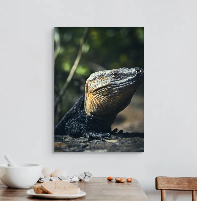 Tablou Canvas, "Vânătoarea Undelor Soarelui de Vară", Șopârlă, Soare, Solitar, Natură, Umbră, Textură, Piele, Contemplativ, Reptilă, Ambient, Vegetație, Observație, 50 x 70 cm – poza 3