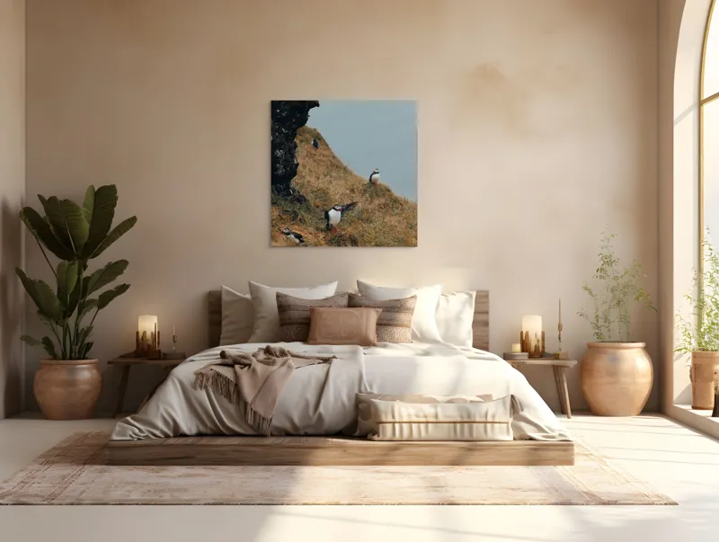 Tablou Canvas, "Puffini pe stâncile îmbobocite ale falezei", Puffini, Stâncă, Iarbă, Ocean, Pene, Natură, Aripi, 100 x 100 cm – poza 4