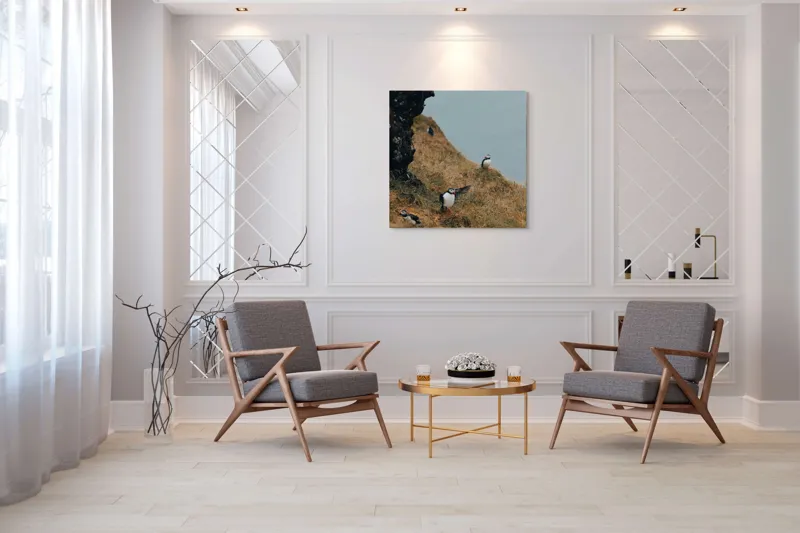 Tablou Canvas, "Puffini pe stâncile îmbobocite ale falezei", Puffini, Stâncă, Iarbă, Ocean, Pene, Natură, Aripi, 100 x 100 cm – poza 7