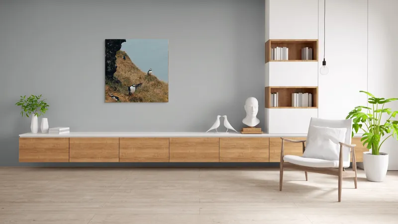 Tablou Canvas, "Puffini pe stâncile îmbobocite ale falezei", Puffini, Stâncă, Iarbă, Ocean, Pene, Natură, Aripi, 100 x 100 cm – poza 8
