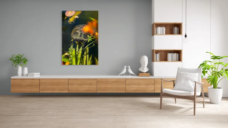 Tablou Canvas, "Broasca țestoasă explorând iazul liniștit", Broască, Țestoasă, Apă, Frunze, Plante, Floare, Colorat, Natură, Relaxare, 100 x 150 cm – poza 8