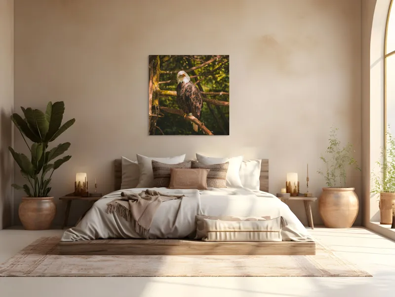 Tablou Canvas, "Vulturul regal în pădurea tăcută", Vultur, Majestuos, Natură, Pene, Copaci, Lumină, Conifere, Calmitate, 100 x 100 cm – poza 4