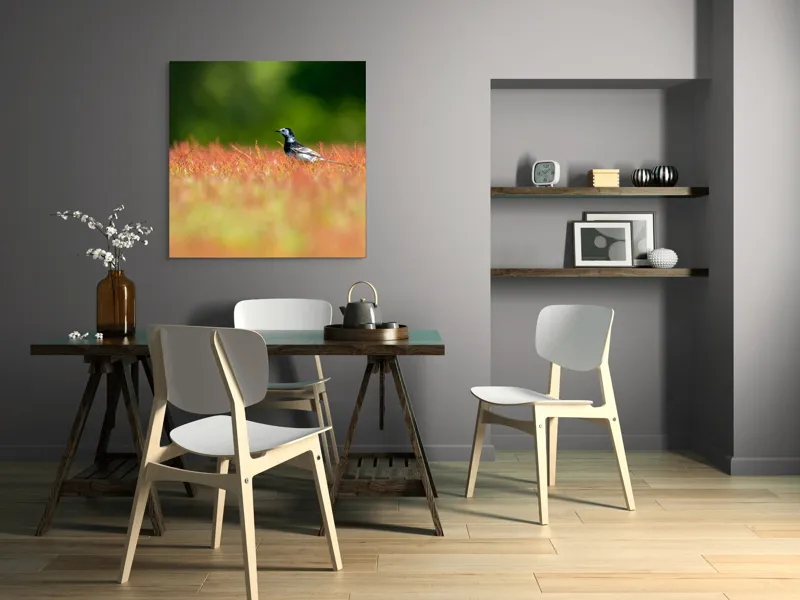 Tablou Canvas, "Pasărea singuratică printre fire roșietice", Pasăre, Câmp, Colorat, Vegetație, Lumină, Singurătate, Natură, 100 x 100 cm – poza 6